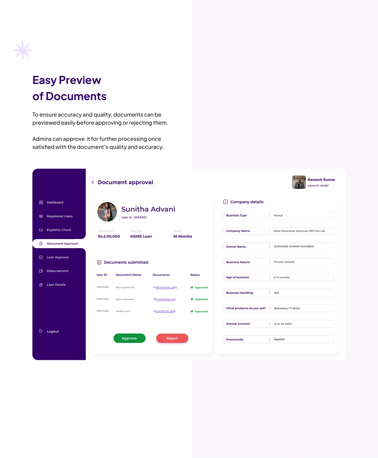 Walkfin admin portal document approval view