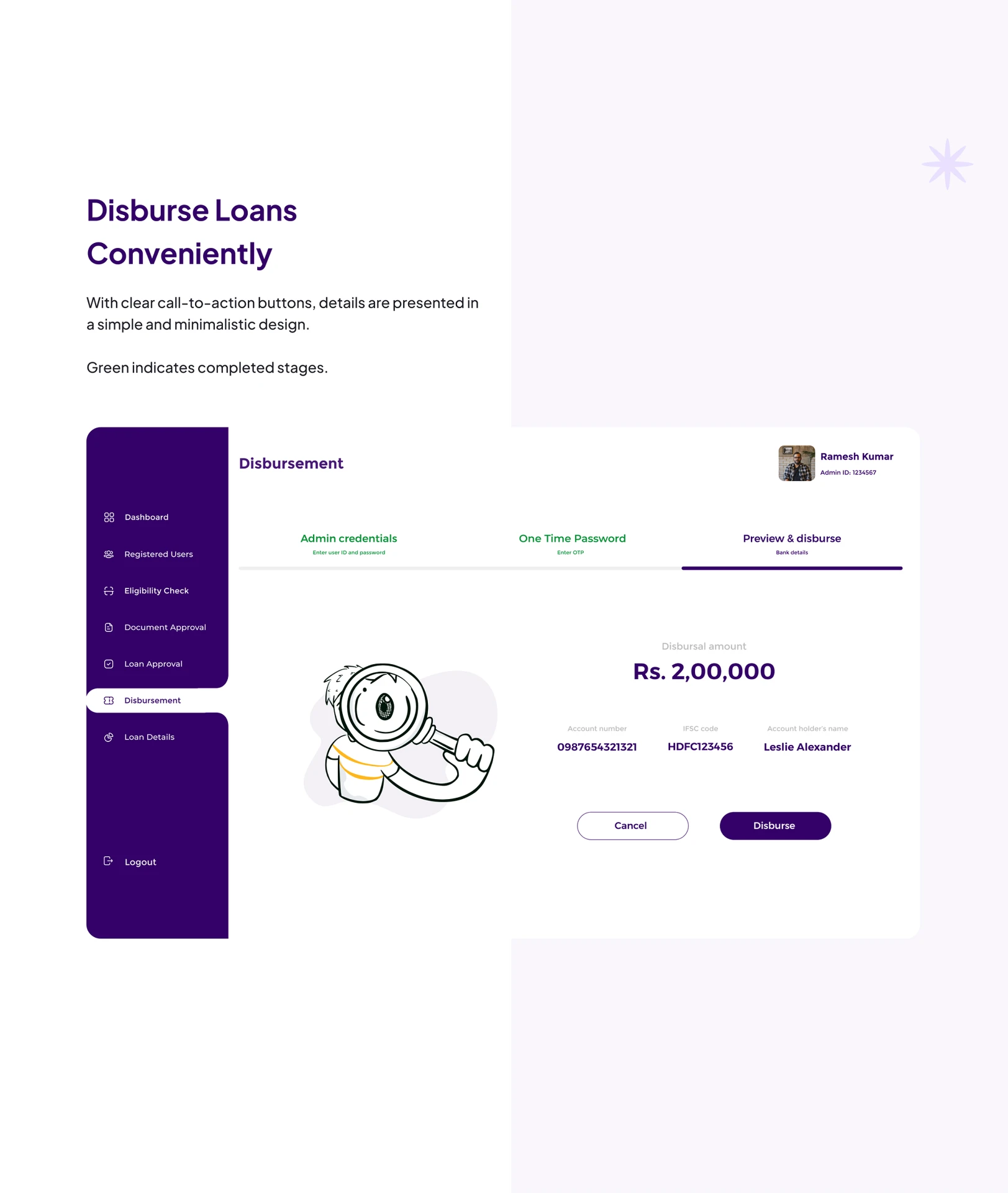 Walkfin admin portal loan disbursement screen