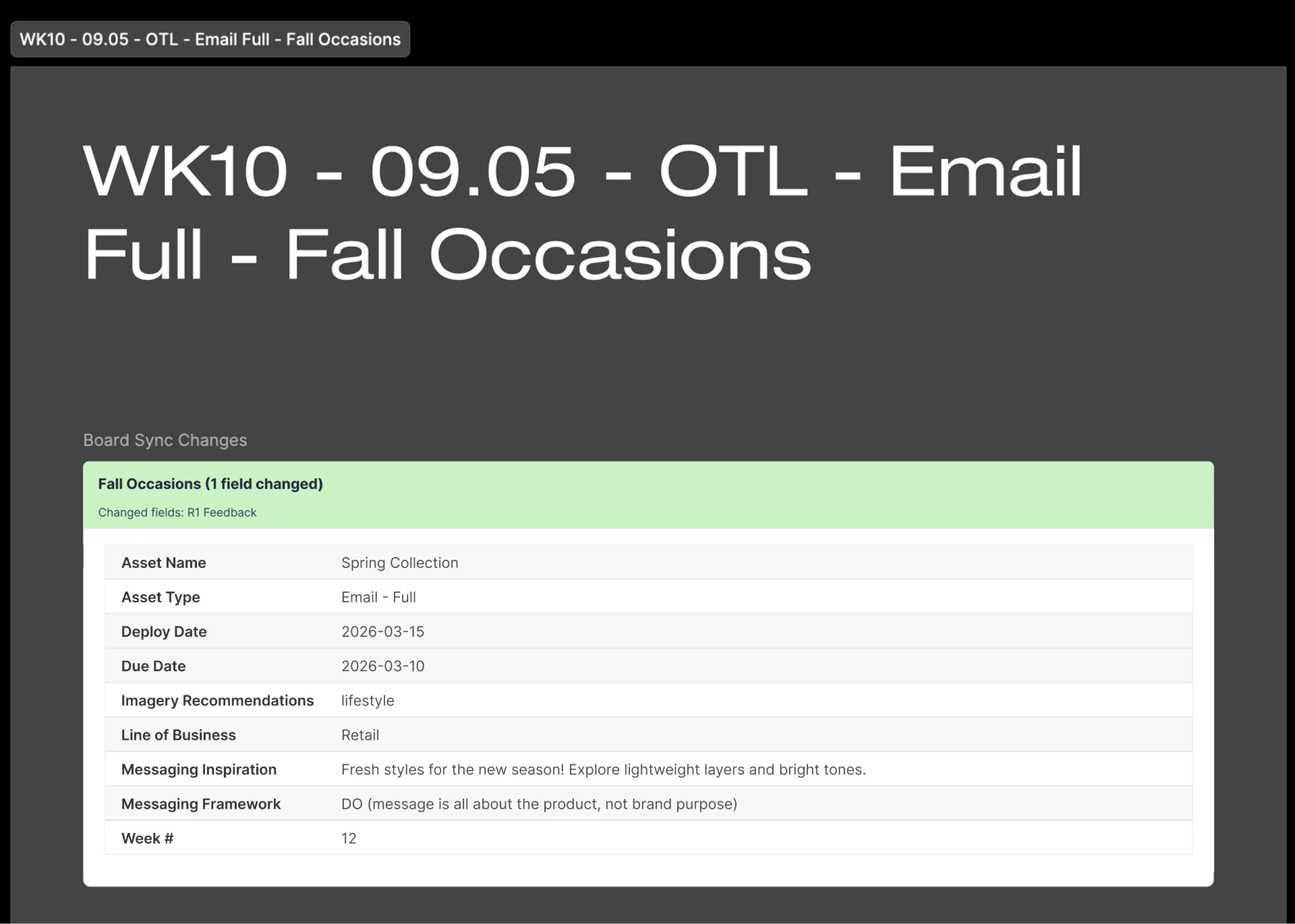 Loomis highlighting an updated asset with a green field