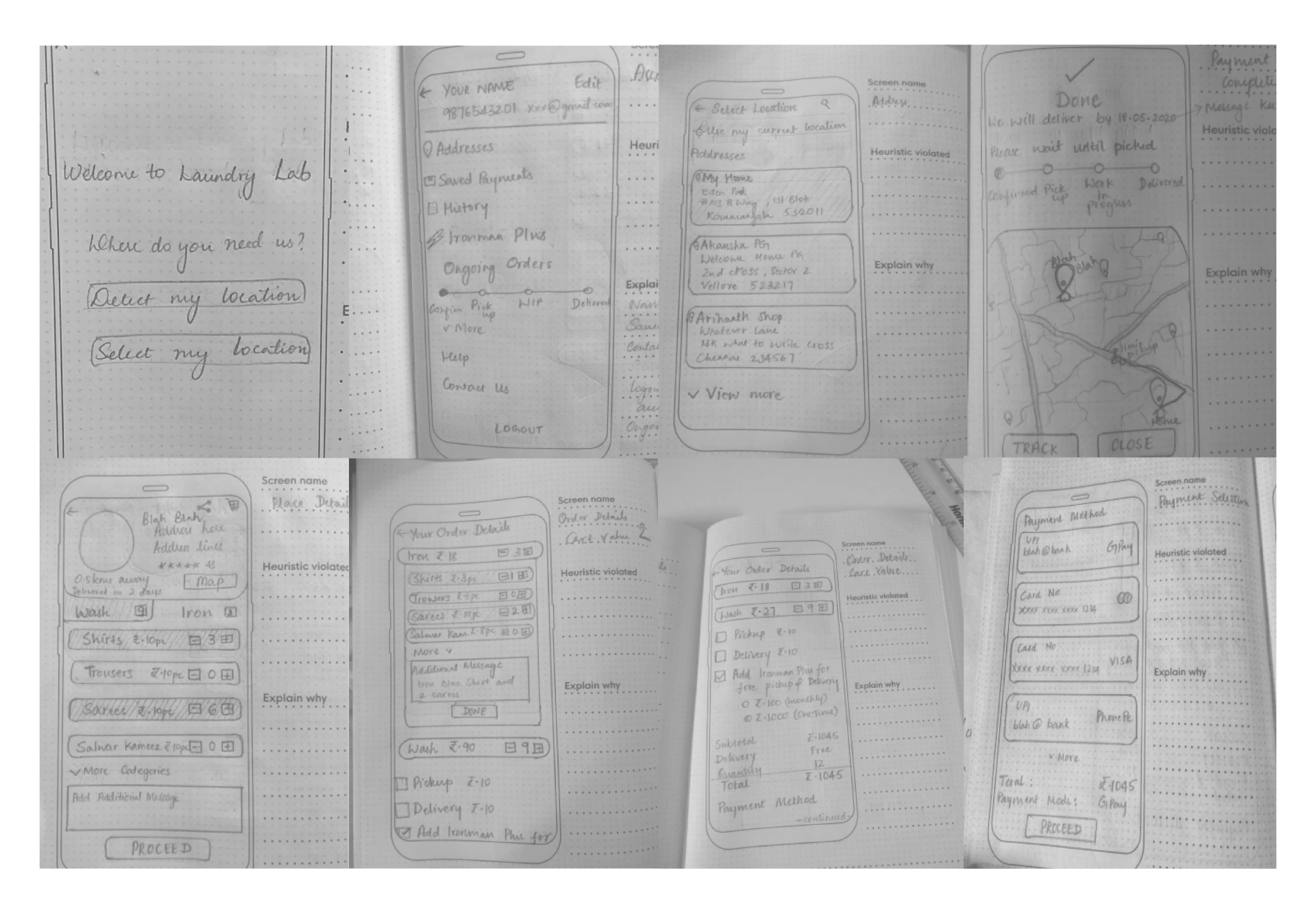 Hand-drawn Laundry Lab mobile wireframes