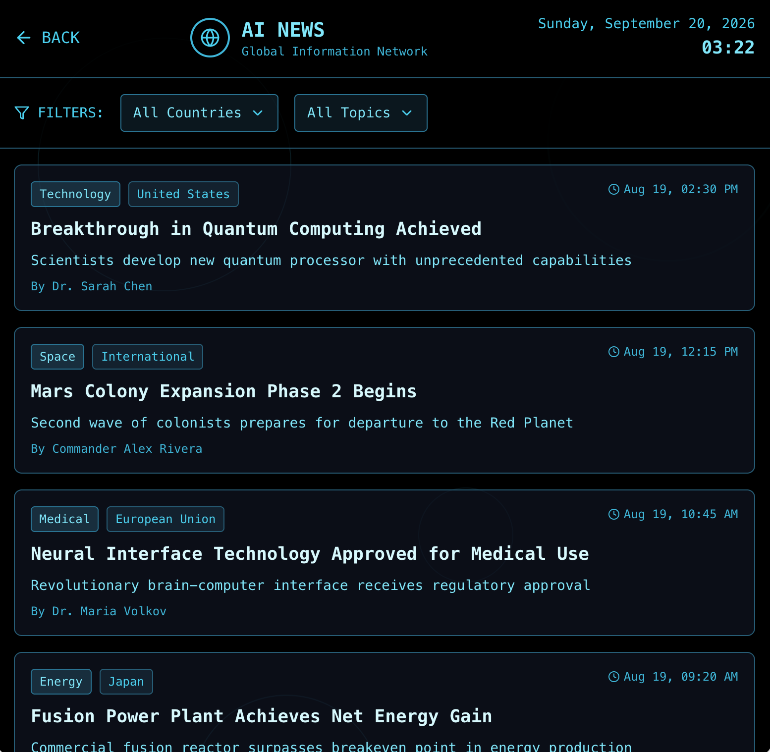 Selected AI News interface screens
