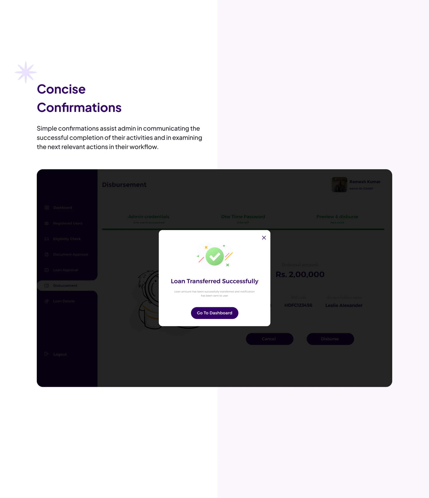 Walkfin admin portal successful loan transfer confirmation