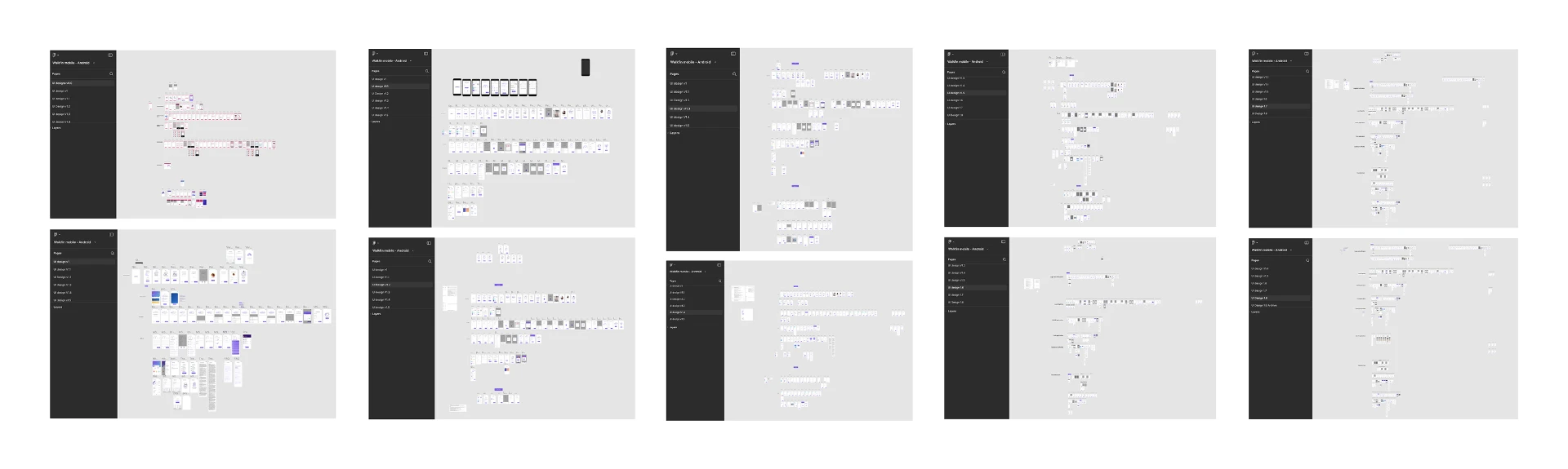 Multiple Walkfin interface iterations arranged across design canvases